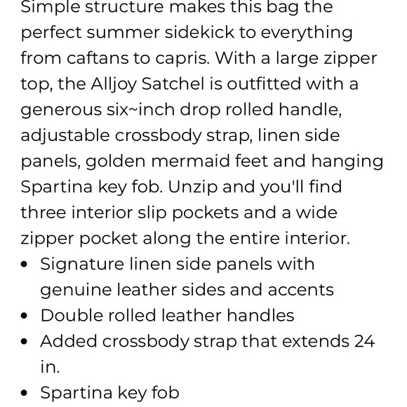 LNWOT Spartina 449 Heyward Alljoy Satchel w/linen side panels & interior. - Picture 10 of 11
